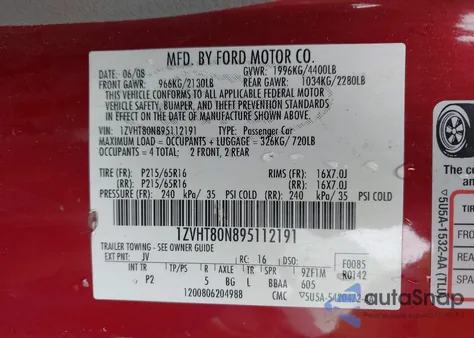 2009 Ford Mustang z USA, uszkodzony, nr VIN 1ZVHT80N895112191